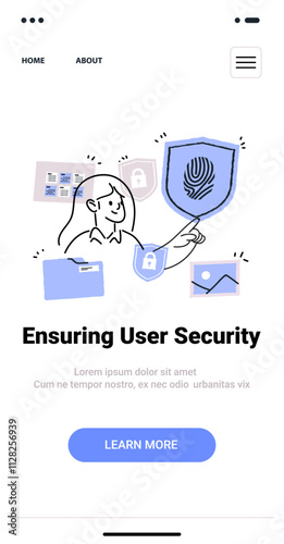 User security concept with woman holding shield fingerprint lock icons documents minimalist doodle style mobile app screen