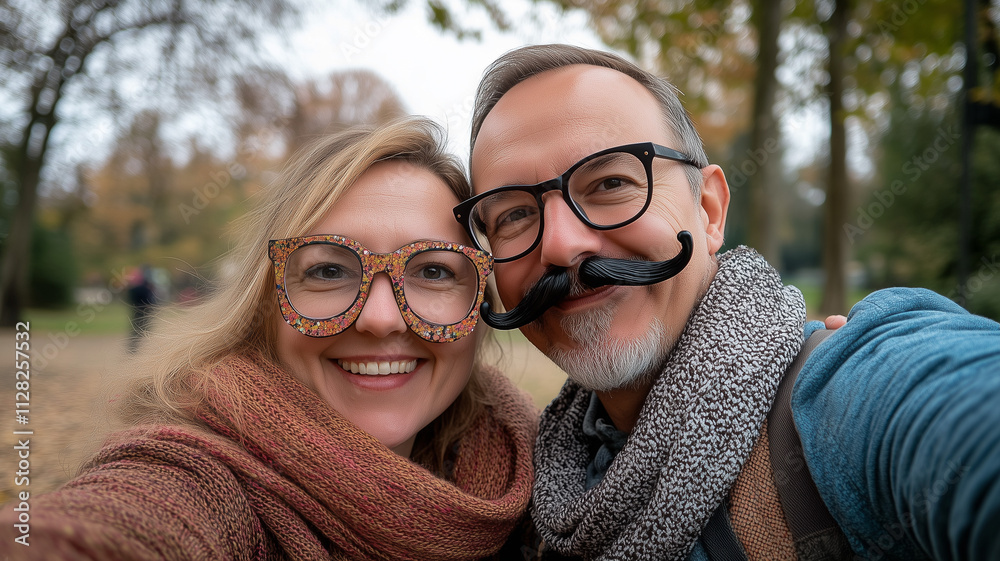 Fototapeta premium A cheerful couple with April Fool’s Day gag glasses and mustaches, posing for a selfie in a park. Ai generated