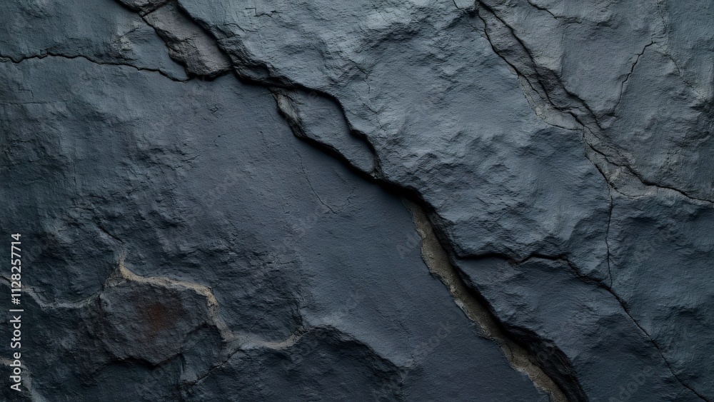 Dark Granite Stone Wall Texture, Rugged, Weathered Surface with Deep Fissures and Grey Mineral Deposits