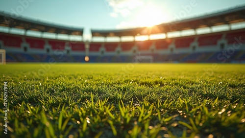 Empty Soccer Stadium at Golden Hour, Long Shadows on Lush Green Field, Weathered Goalposts, and Panoramic View of Deserted Stands