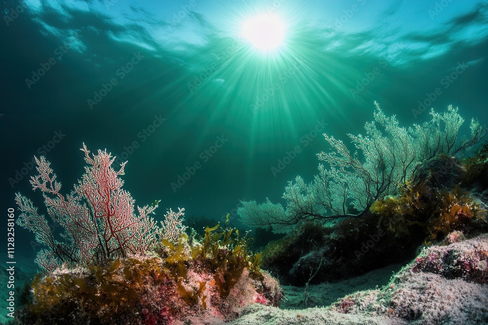 Fototapeta premium Underwater scene with vibrant coral and sunlight rays.