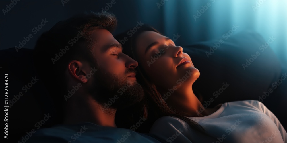 A couple peacefully sleeps on a couch in soft lighting, capturing an intimate moment of rest and connection in a cozy, nurturing home environment. A couple peacefully sleeps on a couch in soft lighting, capturing an intimate moment of rest and connection in a cozy, nurturing home environment.