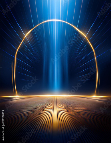 Dark blue neon light with rays of gold abstract night empty scen