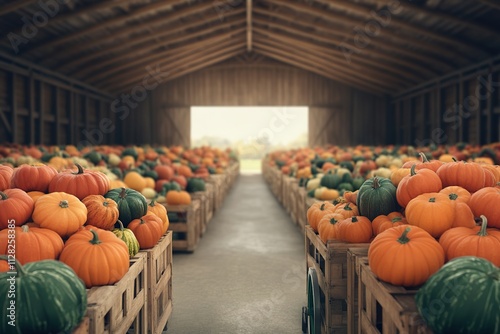 farmer cart loaded with vibrant pumpkins and squash surrounded by rustic wooden crates photo