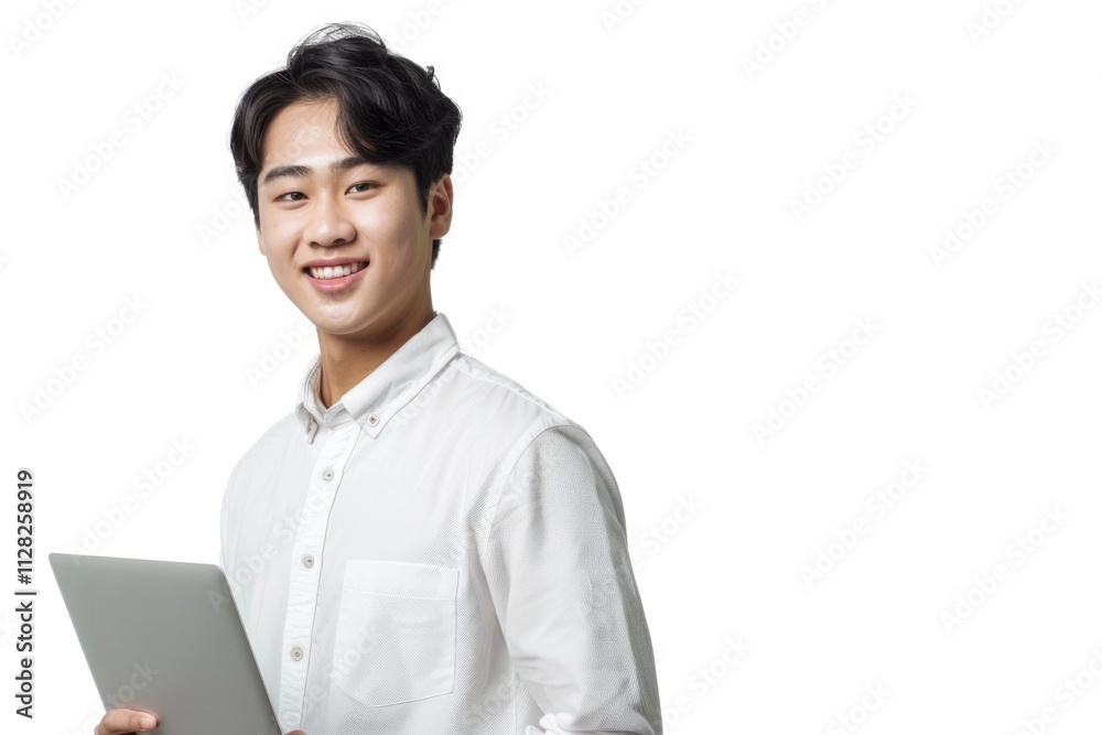 Young Asian woman happily holding laptop over white background. Young Asian woman happily holding laptop over white background.