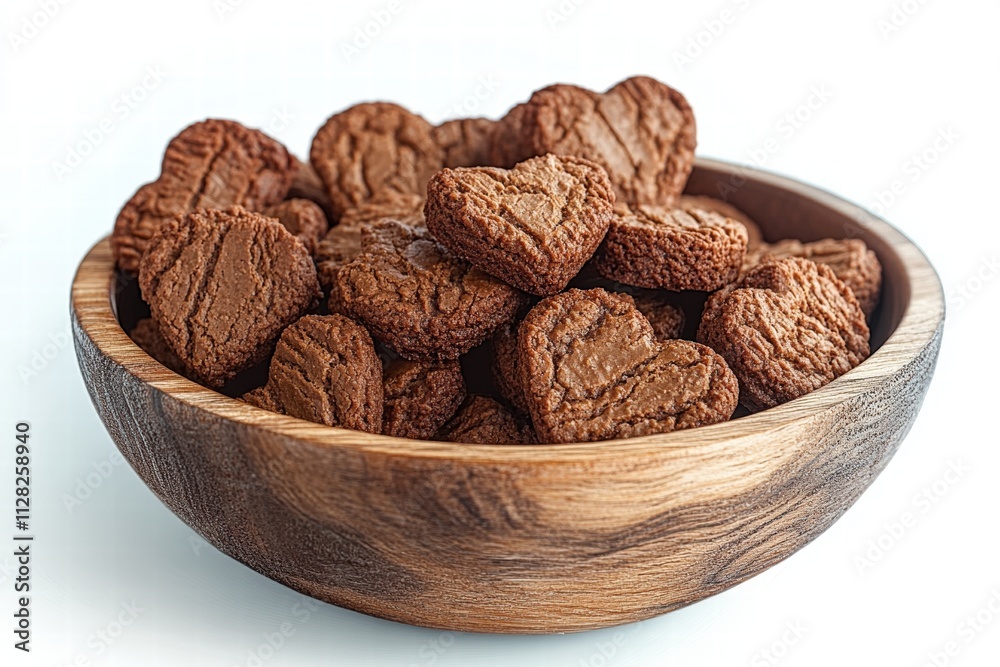Heart-shaped Chocolate Cookies in a Wooden Bowl for Sweet Moments Heart-shaped Chocolate Cookies in a Wooden Bowl for Sweet Moments
