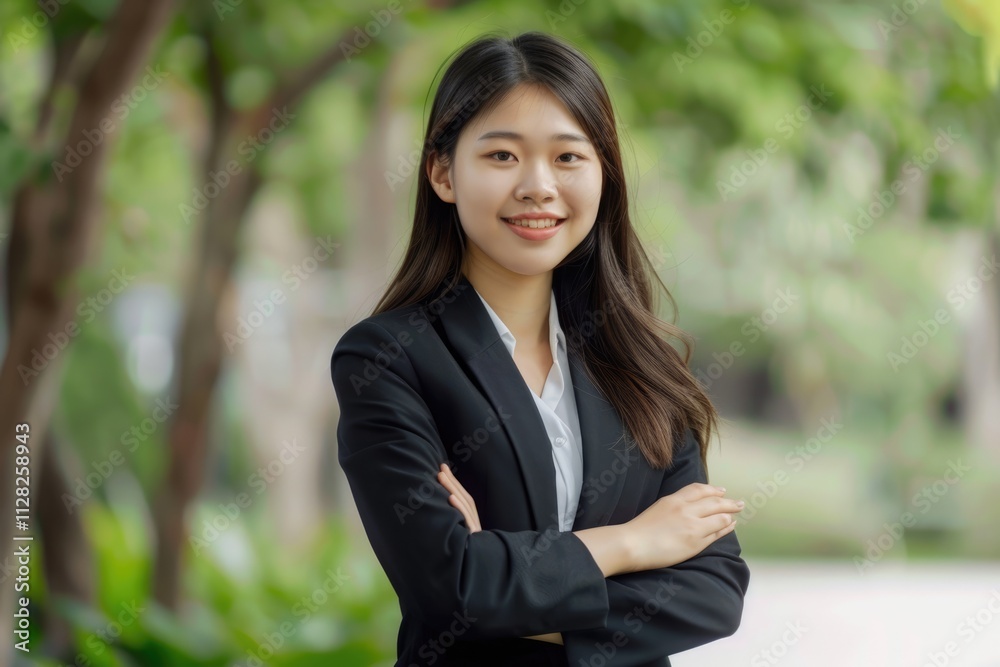 Happy Asian professional woman in black suit walking to work. Happy Asian professional woman in black suit walking to work.