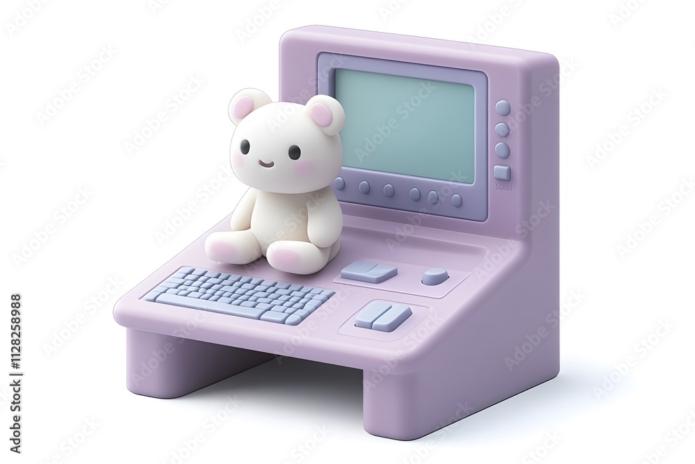 Adorable Bear Cub Sits on Retro Computer Screen, Charming Pastel Colors, Cute Toy Design Adorable Bear Cub Sits on Retro Computer Screen, Charming Pastel Colors, Cute Toy Design