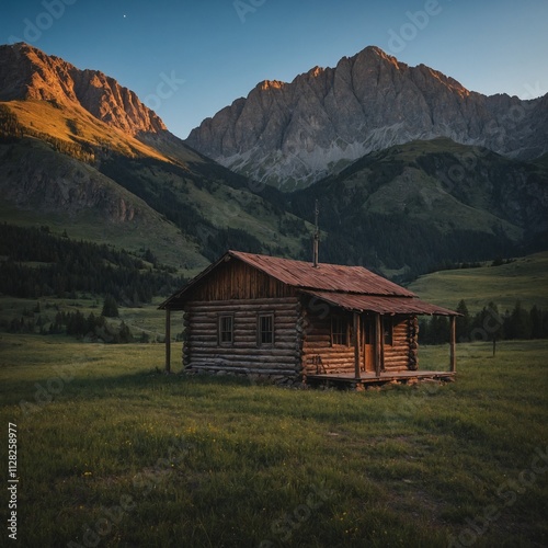 A lone cabin nestled in the foothills of a towering mountain range under a clear sky.