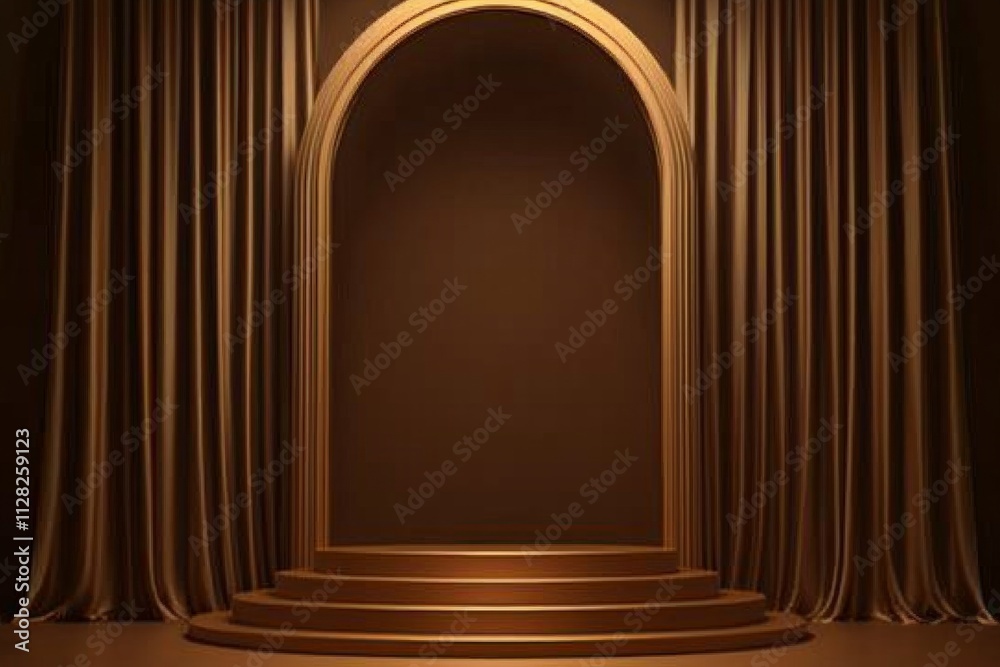 Gold podium scene with an arch and gold curtain, creating a sense of depth. The background is dark brown Gold podium scene with an arch and gold curtain, creating a sense of depth. The background is dark brown