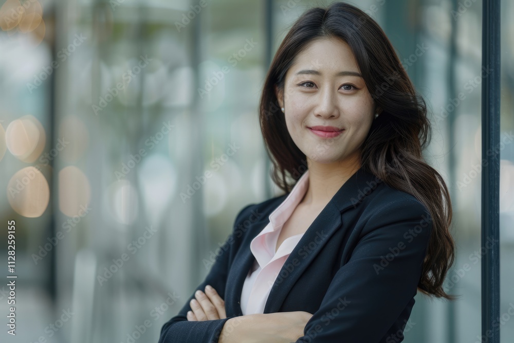 Happy Asian businesswoman standing with crossed arms smiling at camera. Happy Asian businesswoman standing with crossed arms smiling at camera.