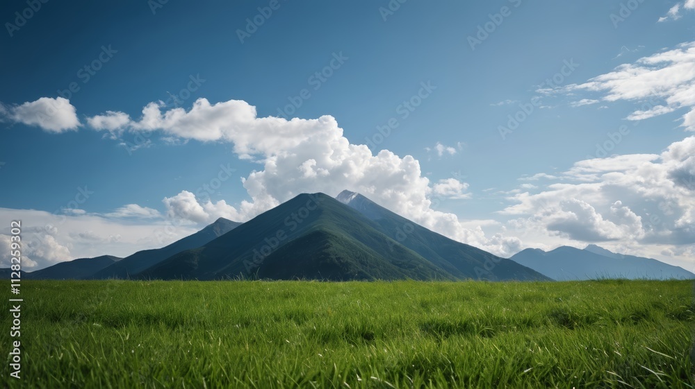 Naklejka premium a grassy field with a mountain in the background