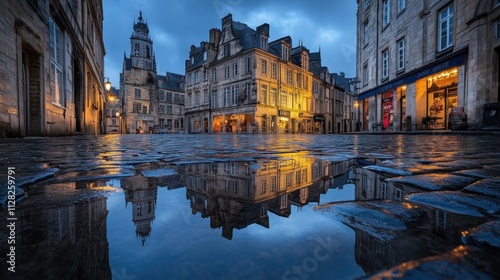 Rainy evening in an old city, cobbled streets, reflections of historic buildings, 
