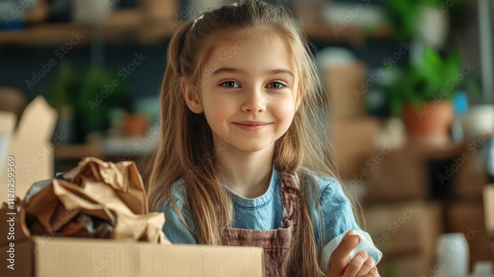 Fototapeta premium A girl creates a project on sustainable packaging options, inspired by a woman scientist's efforts to reduce waste