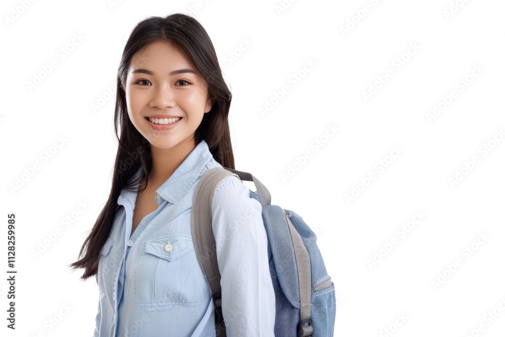 Confident young Asian business woman smiles happily on white background. Confident young Asian business woman smiles happily on white background.