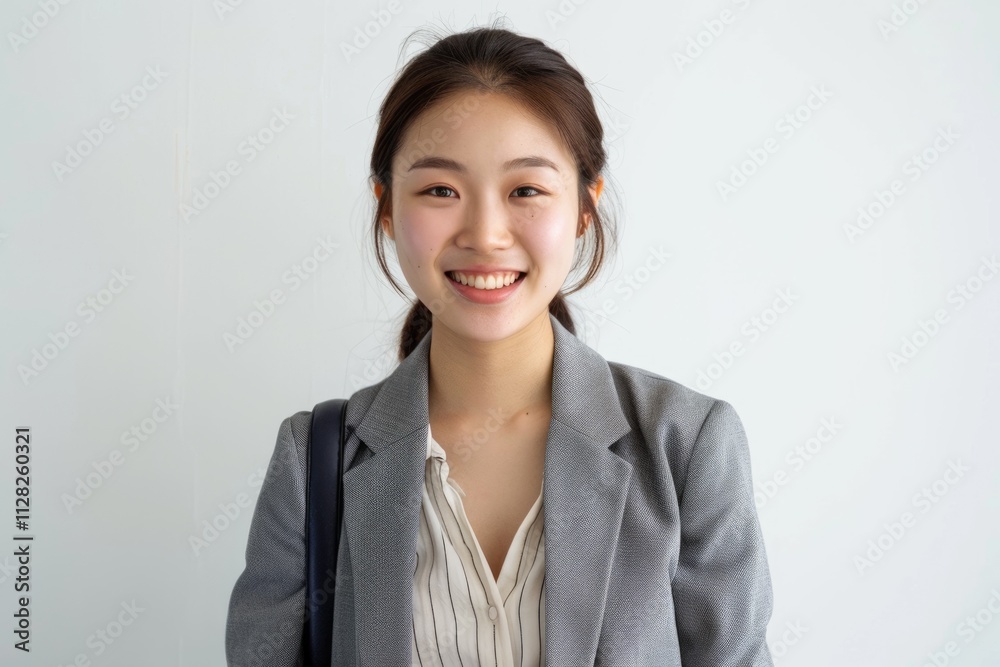 Confident Asian woman commuting to work with grey striped blazer. Confident Asian woman commuting to work with grey striped blazer.