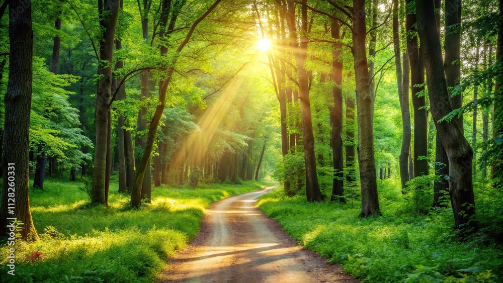 Fototapeta premium Sunlit pathway winding through vibrant green forest, sunlight, pathway, winding, vibrant, green, forest, nature, outdoors