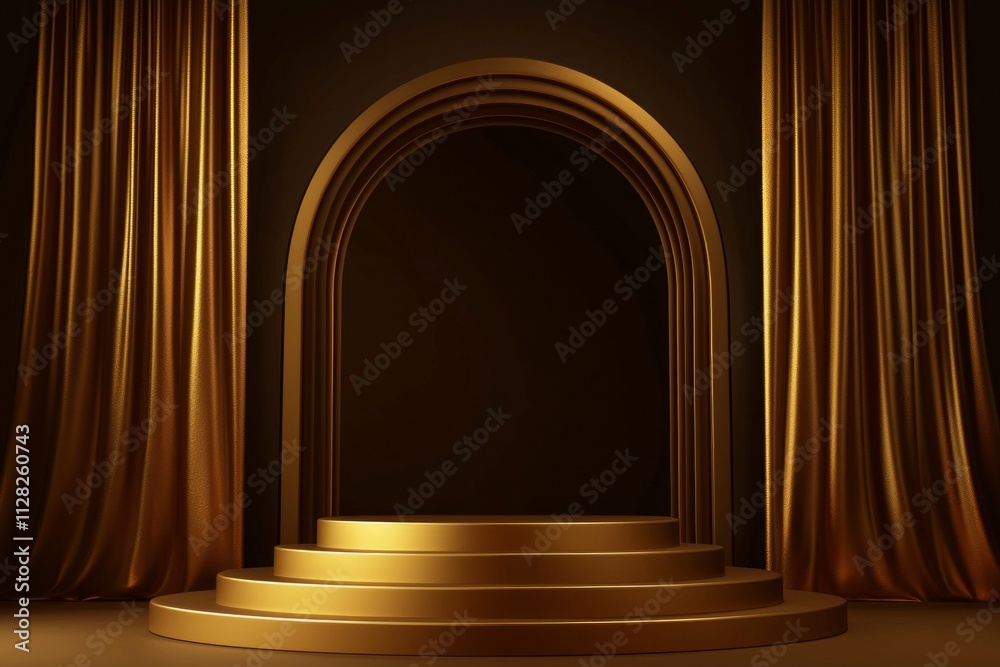 Gold podium scene with an arch and gold curtain, creating a sense of depth. The background is dark brown Gold podium scene with an arch and gold curtain, creating a sense of depth. The background is dark brown