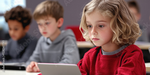 A focused child engages with a tablet in a classroom setting, showcasing modern learning methods among peers.