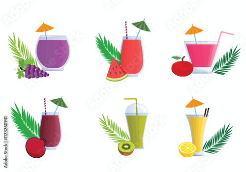 Realistic color drink fruits and glasses of cold fresh juice on leaves white background