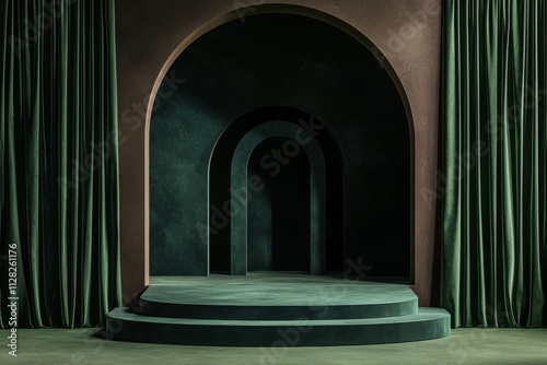 Green podium scene with an arch and green curtain  creating a sense of depth. The background is dark brown