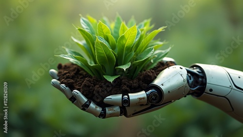 Futuristic Robot Hand Gently Holding Vibrant Green Plant in Dark Soil - Sustainable Technology and Agriculture Concept photo