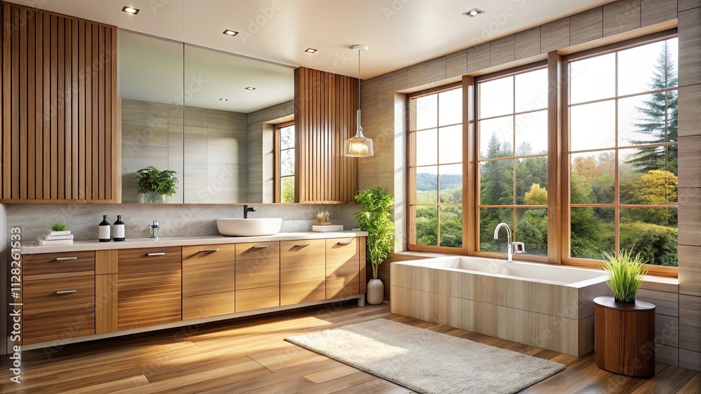 Modern bathroom featuring wooden cabinets, a large window, and contemporary fixtures, bathroom, modern, wooden cabinets Modern bathroom featuring wooden cabinets, a large window, and contemporary fixtures, bathroom, modern, wooden cabinets