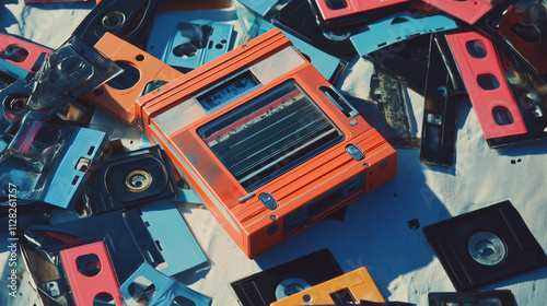 Retro Cassette Tapes and Portable Tape Player in Vibrant Colors