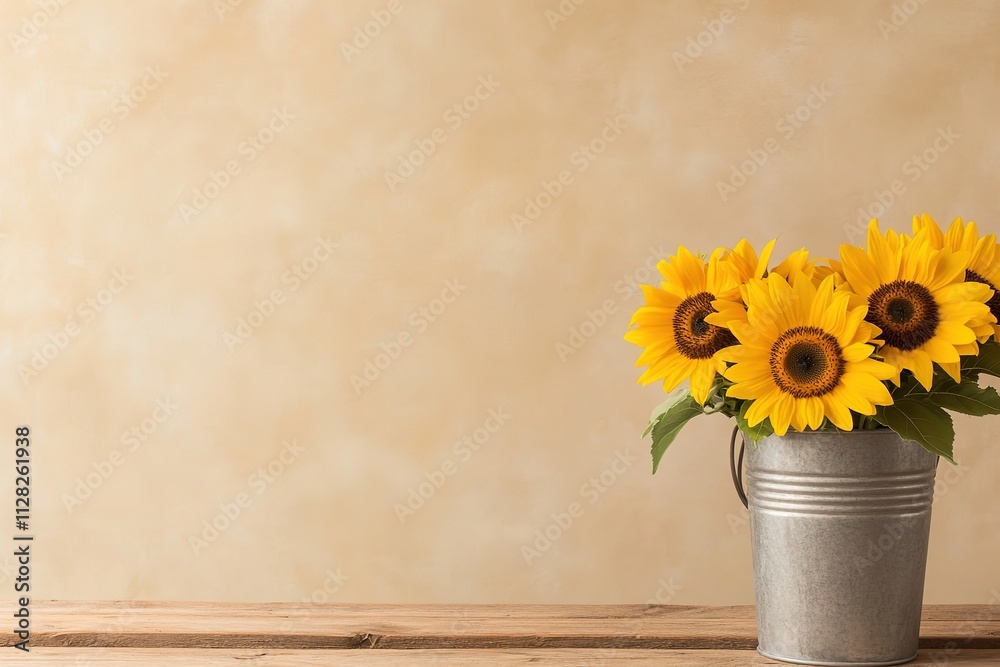 galvanized metal bucket filled with vibrant sunflowers placed on rustic wooden table in farmer market galvanized metal bucket filled with vibrant sunflowers placed on rustic wooden table in farmer market