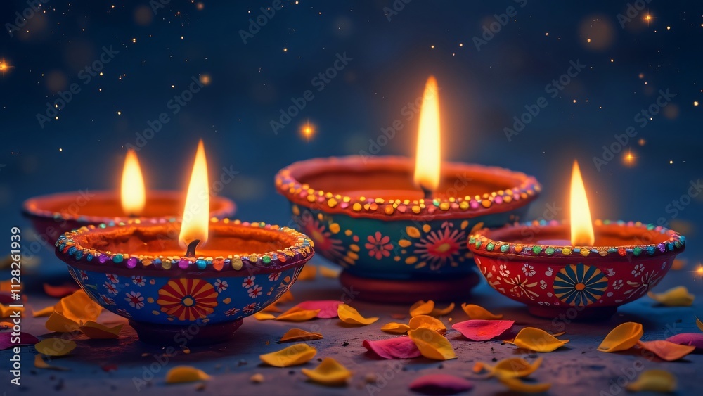 Hand-painted Clay Diyas, Vibrant Floral Diwali Lamps with Golden Glow, Autumn Night Sky Background Hand-painted Clay Diyas, Vibrant Floral Diwali Lamps with Golden Glow, Autumn Night Sky Background