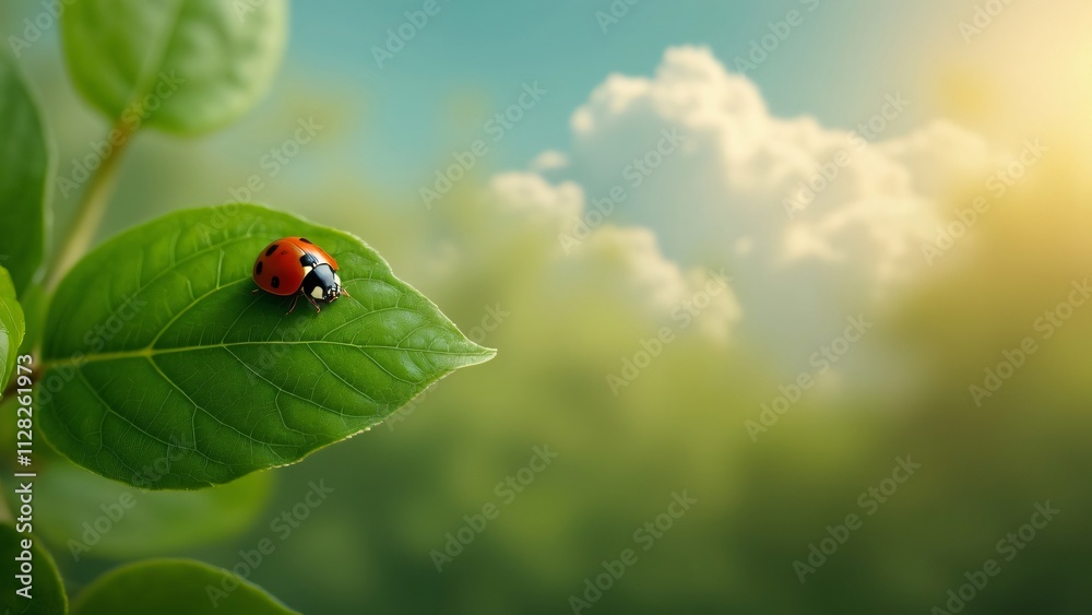 Vibrant Red Ladybug on Lush Green Leaf, Sunny Day Nature Scene Vibrant Red Ladybug on Lush Green Leaf, Sunny Day Nature Scene