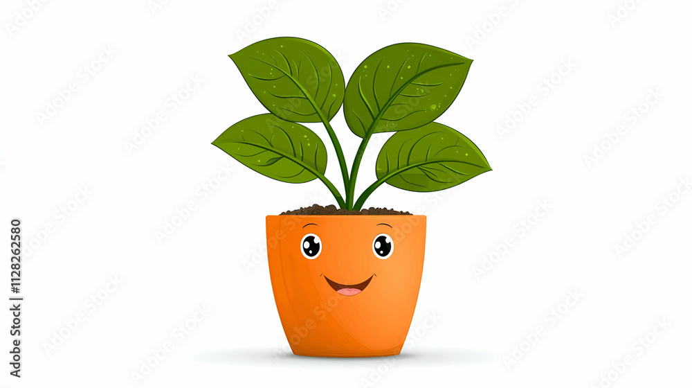 Fototapeta premium A cheerful cartoon plant in an orange pot with smiling face and vibrant green leaves, symbolizing growth and happiness.