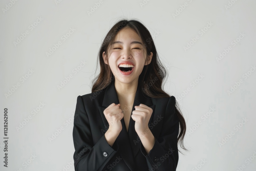 Successful young Asian female manager celebrates business deal in office outfit Successful young Asian female manager celebrates business deal in office outfit