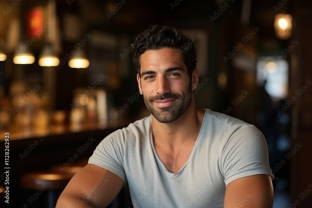 Portrait of a handsome man smiling at the camera while sitting in a pub Portrait of a handsome man smiling at the camera while sitting in a pub