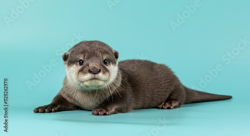 Playful otter on turquoise background for nature and wildlife themes photo