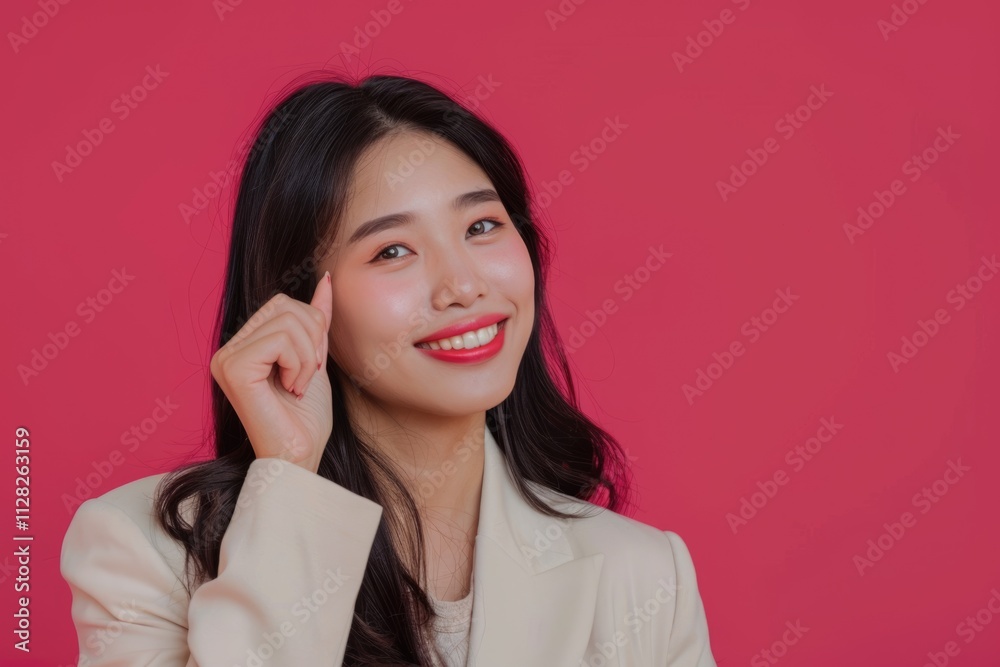 Portrait of happy Indonesian woman in cream blazer on magenta. Portrait of happy Indonesian woman in cream blazer on magenta.