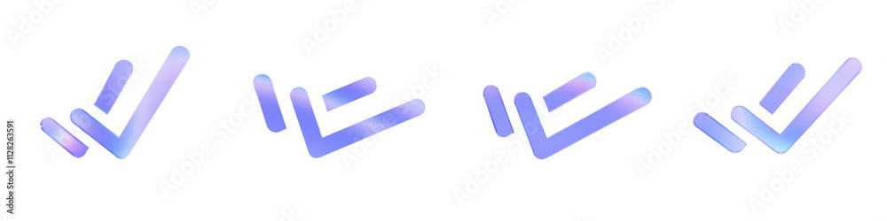 Set of 4 3d glass double check mark shape with aberration effect isolated on a transparent background. Blue tone. 3d transparent elements for graphic design. Set of 4 3d glass double check mark shape with aberration effect isolated on a transparent background. Blue tone. 3d transparent elements for graphic design.