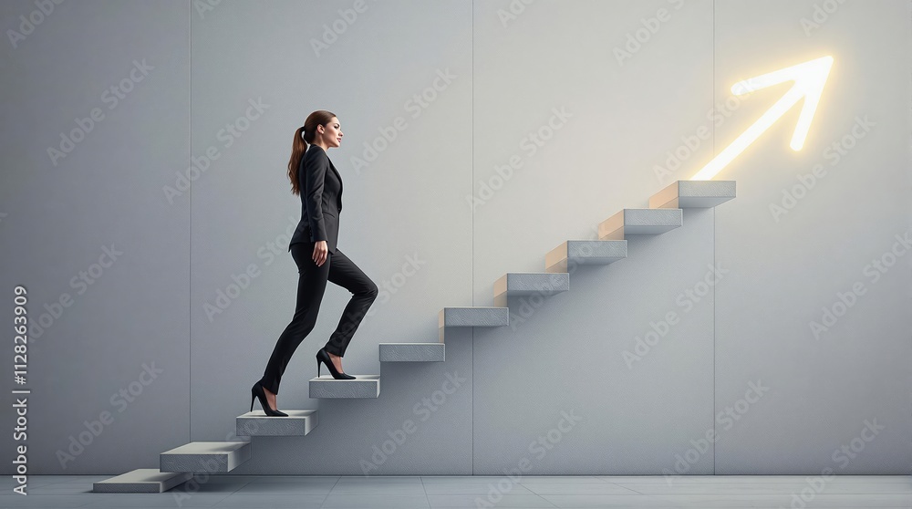 Businesswoman climbing stairs with glowing arrow on wall. Businesswoman climbing stairs with glowing arrow on wall.