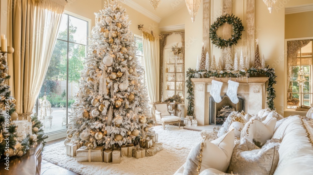 Luxury Christmas tree with custom ornaments, fine velvet ribbons, gold and white color scheme, warm lighting Luxury Christmas tree with custom ornaments, fine velvet ribbons, gold and white color scheme, warm lighting
