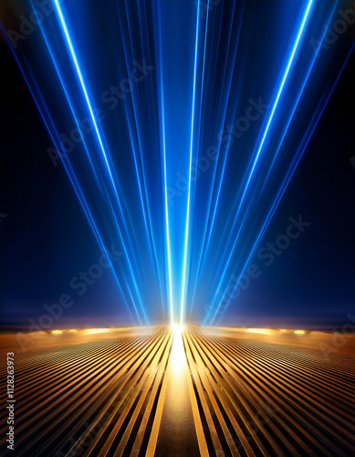 Dark blue neon light with rays of gold abstract night empty scen