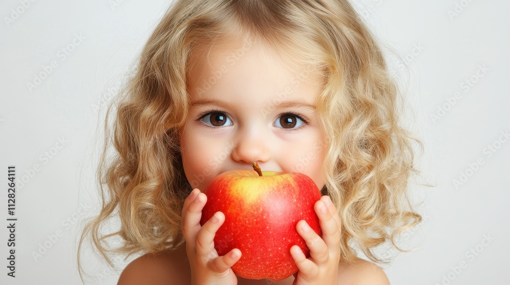 Adorable toddler girl with curly blonde hair bites into a red apple. Perfect for healthy eating, childhood, and nutrition campaigns. Adorable toddler girl with curly blonde hair bites into a red apple. Perfect for healthy eating, childhood, and nutrition campaigns.