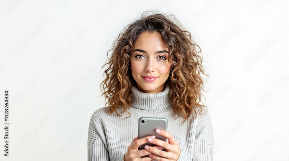 Woman with curly hair holding a smartphone, wearing a turtleneck sweater on a white background. Woman with curly hair holding a smartphone, wearing a turtleneck sweater on a white background.