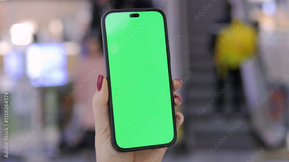 A hand is holding a smartphone that displays a green screen while situated in a public space A hand is holding a smartphone that displays a green screen while situated in a public space