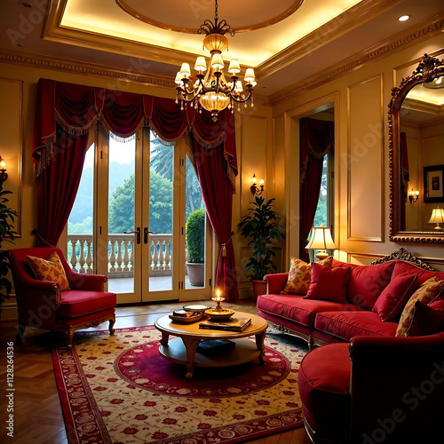 Interior of a home decorated for Diwali with lights, flowers, and hanging ornaments photo