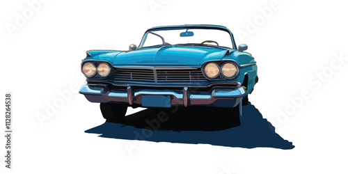 front view of a blue classic car drive the street cartoon