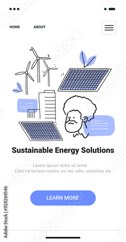 Sustainable energy solutions concept with wind turbines solar panels and a person in a minimalist doodle style for a mobile app screen