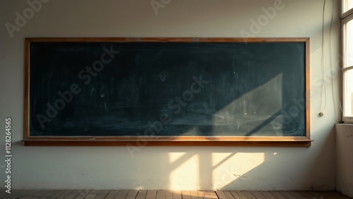 Classic Weathered Black Chalkboard in Minimalist Classroom, Sunlight Streaming Through Window, Dust Motes Dancing in Gentle Breeze photo