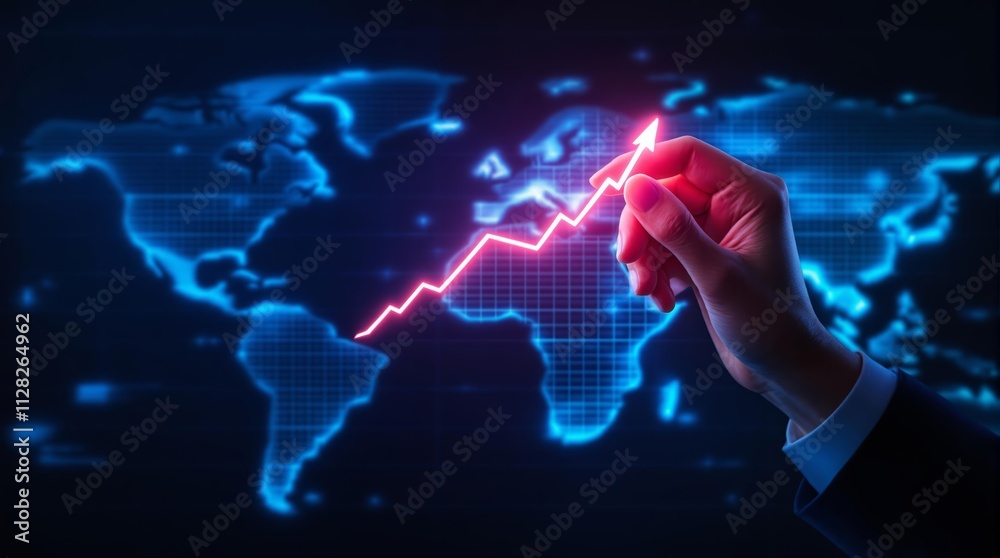 Hand drawing a glowing red growth arrow on world map background, representing global business success and economic growth. Hand drawing a glowing red growth arrow on world map background, representing global business success and economic growth.