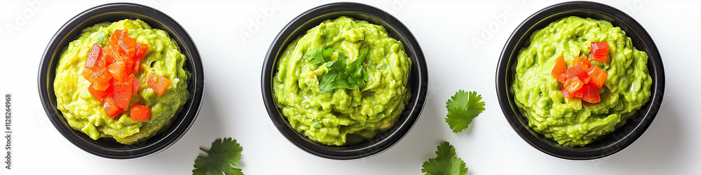 Bowl of delicious guacamole with parsley isolated on white, top view Bowl of delicious guacamole with parsley isolated on white, top view
