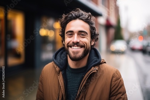 Portrait of a handsome young man smiling in a city street.